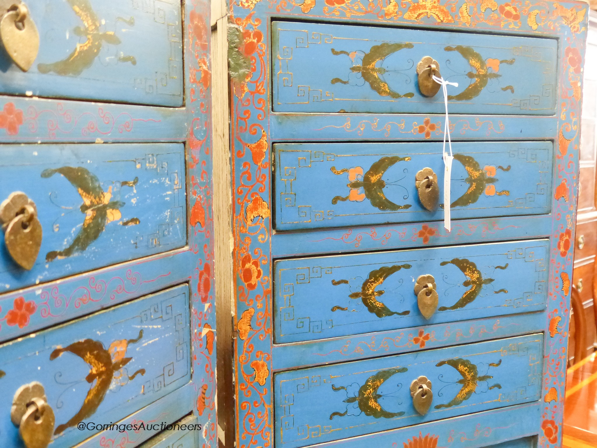 A pair of Chinese painted bed side chests. W-40, D-32, H-60cm.